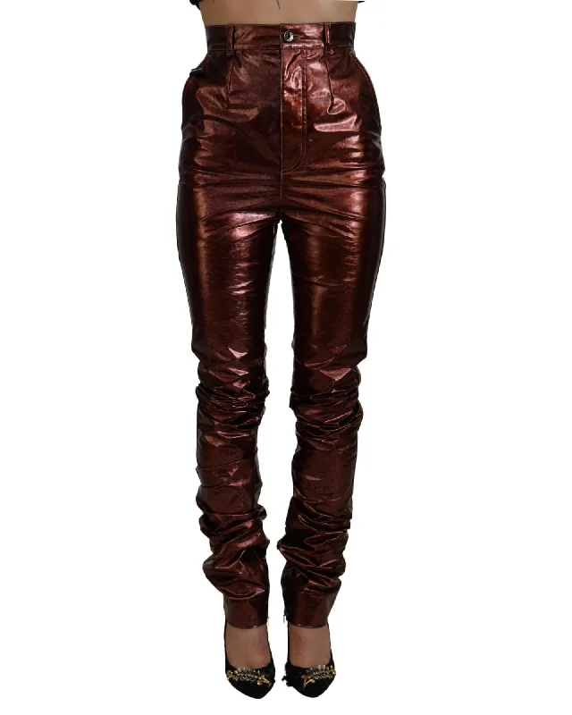 Dolce & Gabbana  Women's High Waist Skinny Fit Leather Jeans - Burgundy Fashionable Slouchy Fit Jeans