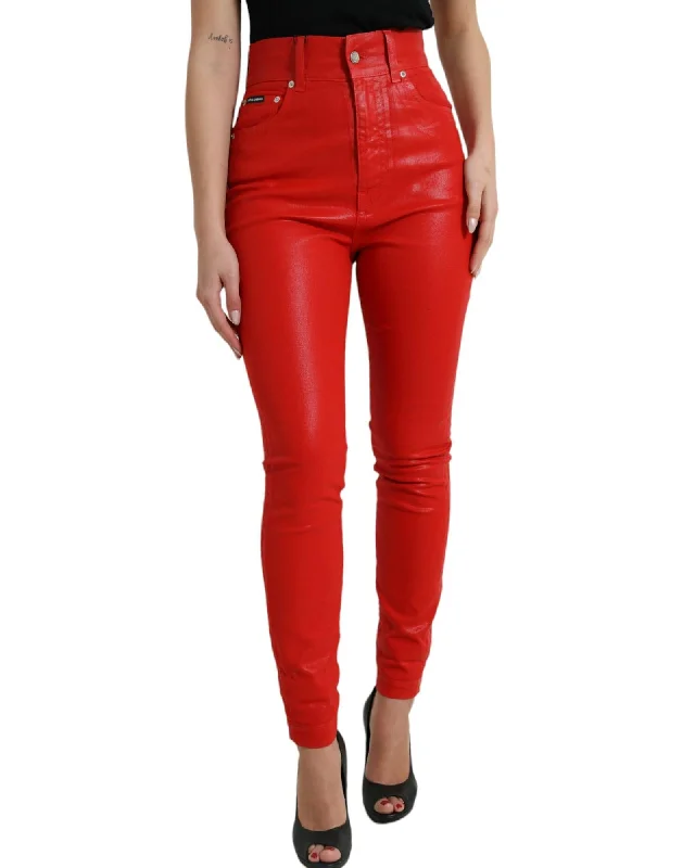 Dolce & Gabbana  Women's High Waist Skinny Leather Jeans - Red Trendy Colored Denim Jeans