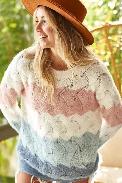 BiBi Color Block Openwork Long Sleeve Sweater Neon Metallic Matte