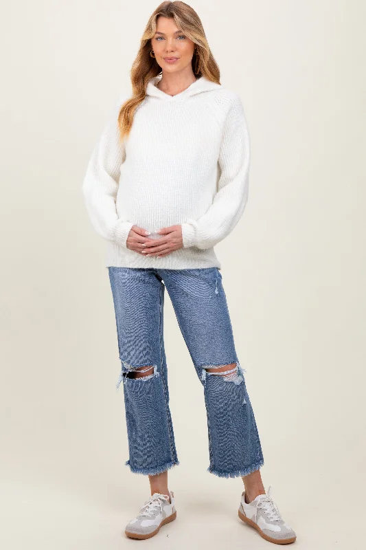 Blue Open Knee Fringe Hem Cropped Wide Leg Maternity Jeans Trendy Button-Up High-Waist Jeans