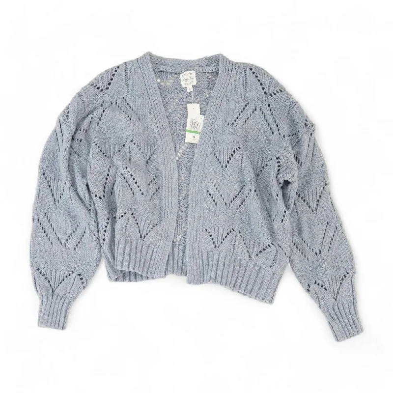 Blue Solid Cardigan Sweater Thin Thick Dense
