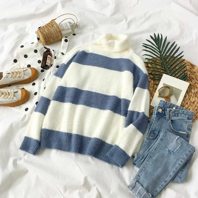 Blue striped turtleneck sweater YV40874 Cotton Fabric Linen Fabric Terry Fabric