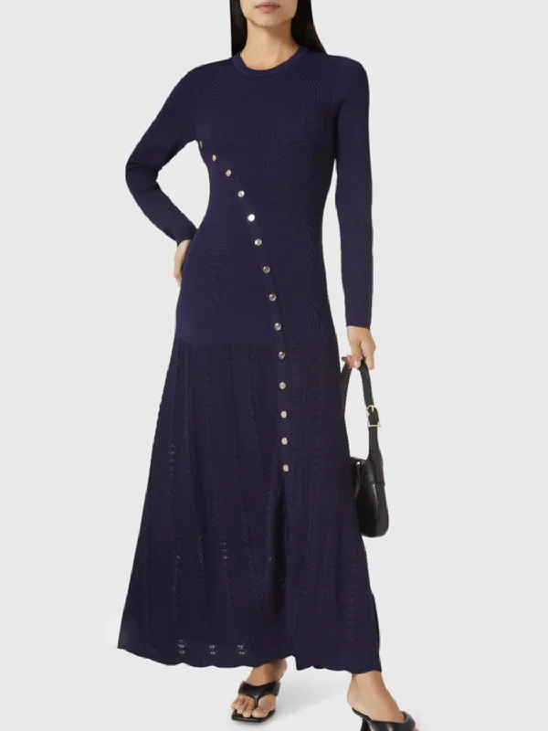 Blue Zone Planet | Openwork Round Neck Long Sleeve Sweater Dress Zippered Buttoned Snapped Blue Zone Planet | Openwork Round Neck Long Sleeve Sweater Dress Zippered Buttoned Snapped