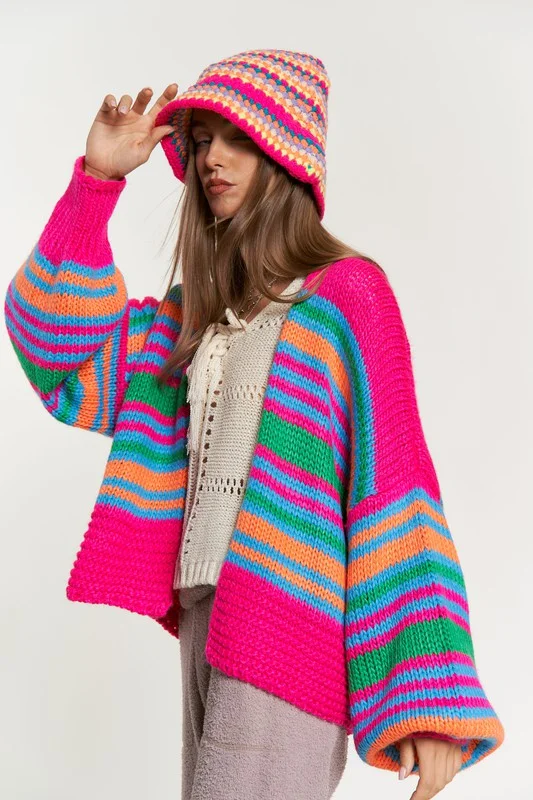 Chunky Knit Multi-Striped Open Sweater Cardigan Fitted Loose Oversized