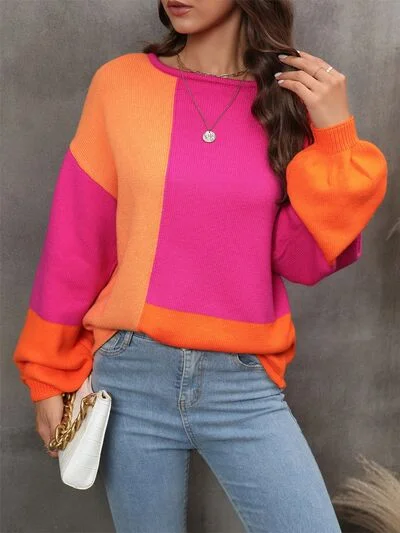 Color Block Round Neck Sweater Satin Blend Silk Blend Wool Blend