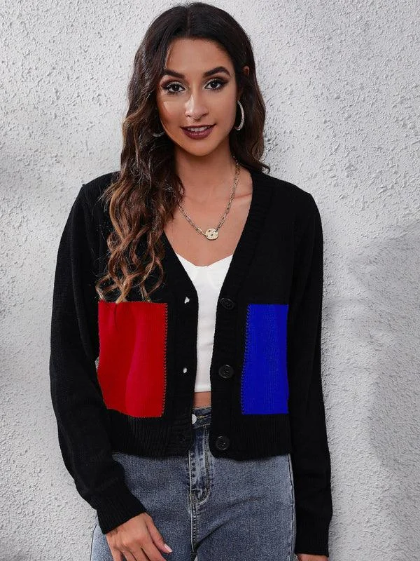 Contrast Stitched Women Cardigan Sweater Turtle Neck Boat Neck Asymmetrical Neck