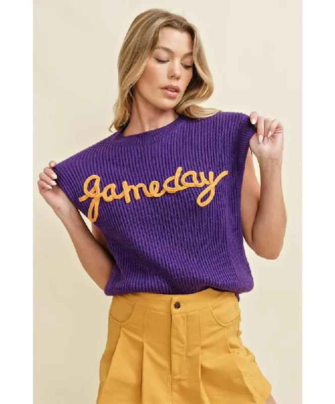 Gameday Embroidered Sleeveless Sweater Notch Collar Peter Pan Collar Cowl Neck