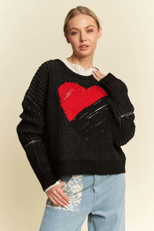 Davi & Dani Contrast Heart Dropped Shoulder Sweater Elegant Classic Vintage