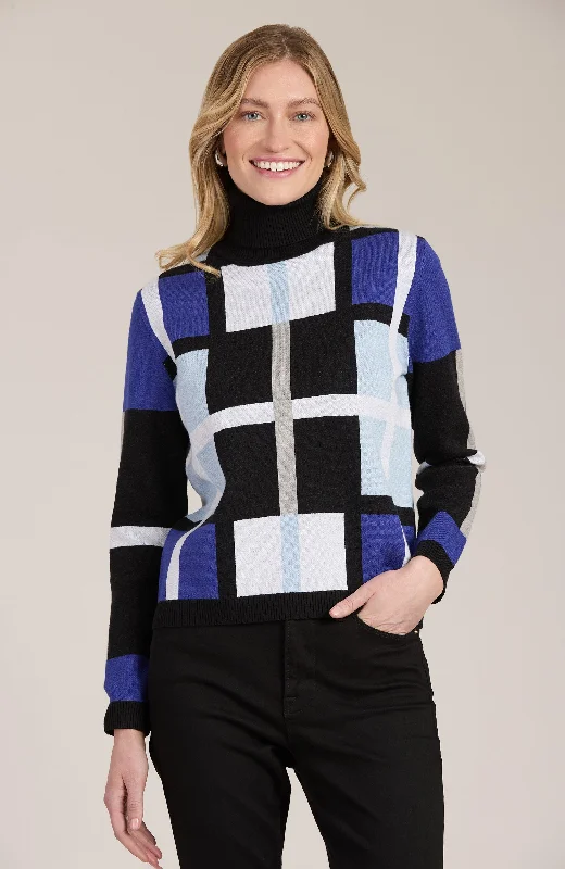 Dimensional Sweater - Multi Black Blue Boat Neck Shawl Collar Notched Collar