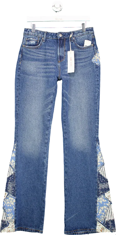 Driftwood Blue Patchwork Flare Jeans UK W28 L34 Fashionable Straight Cut Jeans