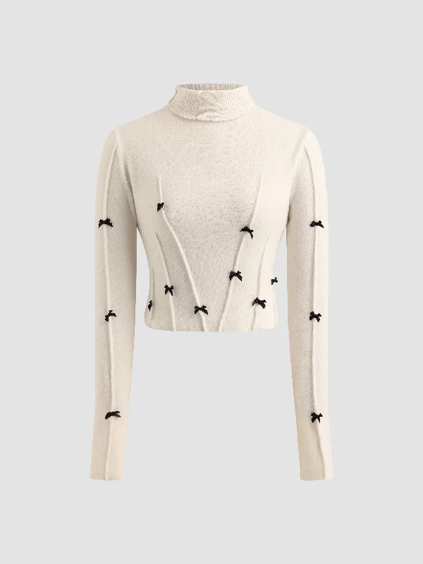 Embellished Bow Turtleneck Sweater Spandex Rayon Corduroy