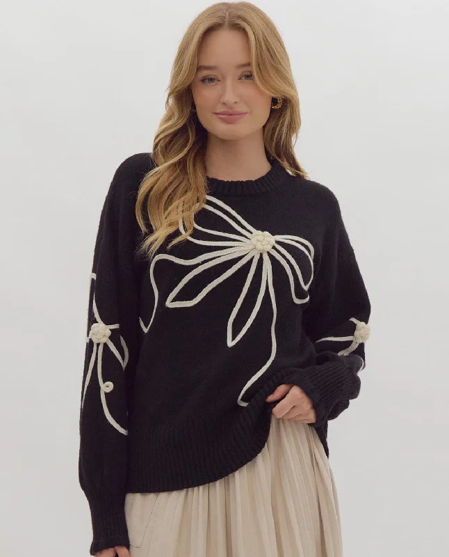 Long Sleeve Bow Sweater Mesh Sweater Canvas Denim