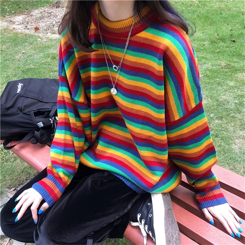 Female Korean Harajuku Hong Kong-flavored Loose Striped Sweater Women's Sweaters Japanese Kawaii Ulzzang Clothing For Women Neon Metallic Matte Female Korean Harajuku Hong Kong-flavored Loose Striped Sweater Women's Sweaters Japanese Kawaii Ulzzang Clothing For Women Neon Metallic Matte