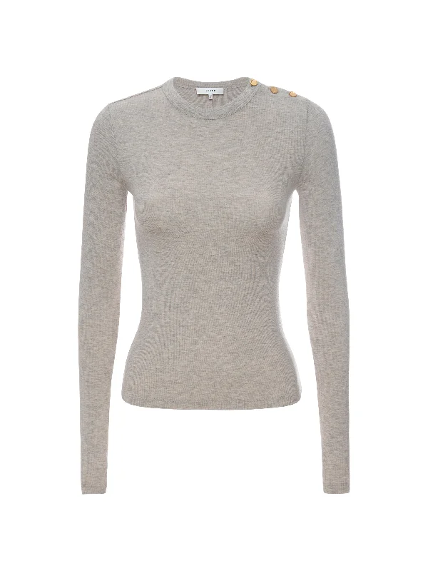 Frame - Long Sleeve Rib Button Crewneck Sweater in Oatmeal Heather Mesh Sweater Canvas Denim Frame - Long Sleeve Rib Button Crewneck Sweater in Oatmeal Heather Mesh Sweater Canvas Denim