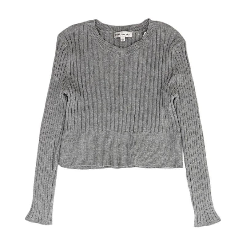 Gray Solid Pullover Sweater Zippered Front Buttoned Front Snap Front