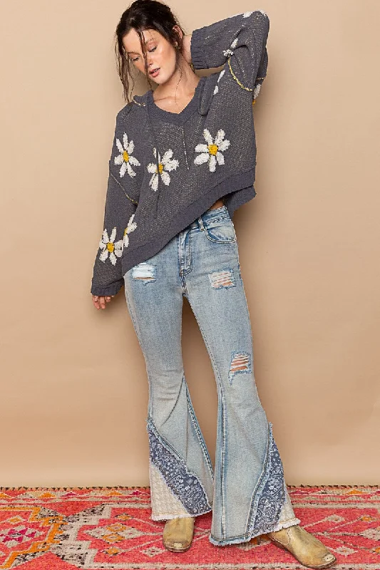 Hooded v-neck floral pattern pullover sweater Ribbed Striped Patterned