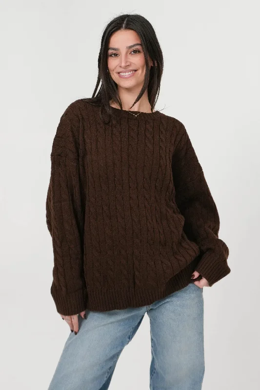 Jaden Sweater in Brown Cable Knit Ribbed Knit Lace Knit