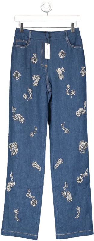 Karen Millen Blue Embellished Mid Rise Straight Leg Denim Jeans UK 6 Cozy Relaxed Fit Jeans