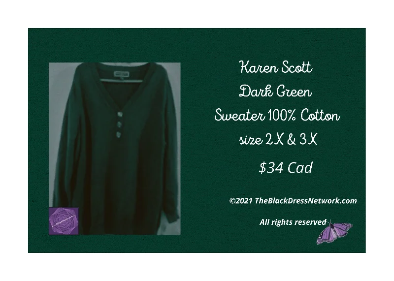 Karen Scott Dark Green Henley Sweater 100% Cotton Golden buttons Plus 2X or 3X Casual Chic Rayon Fabric Velvet Fabric Corduroy Fabric Karen Scott Dark Green Henley Sweater 100% Cotton Golden buttons Plus 2X or 3X Casual Chic Rayon Fabric Velvet Fabric Corduroy Fabric