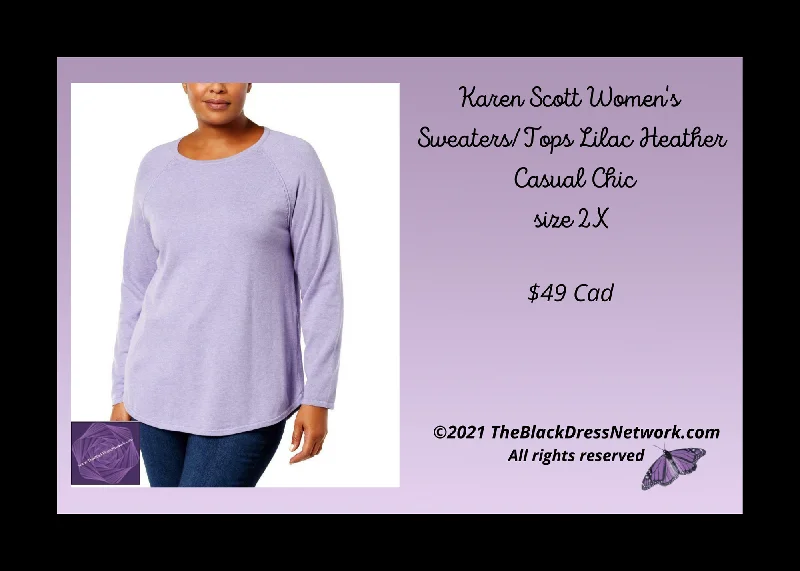 Karen Scott Women's Sweaters/Tops Lilac Heather Cotton Plus 2X Casual Chic Elasticated Padded Insulated Karen Scott Women's Sweaters/Tops Lilac Heather Cotton Plus 2X Casual Chic Elasticated Padded Insulated