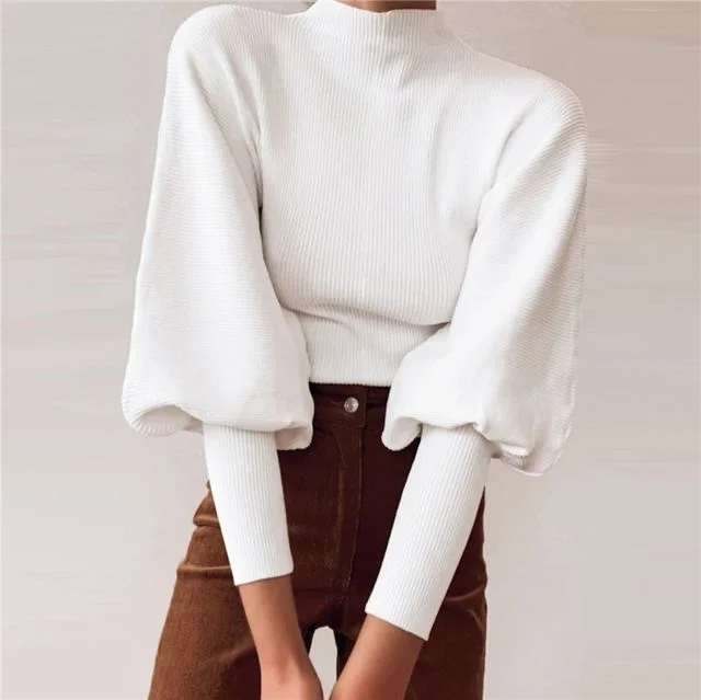 Knitted Pullover Sweaters Lantern Sleeve Black Women Sweater Wool Fabric Cashmere Fabric Tweed Fabric