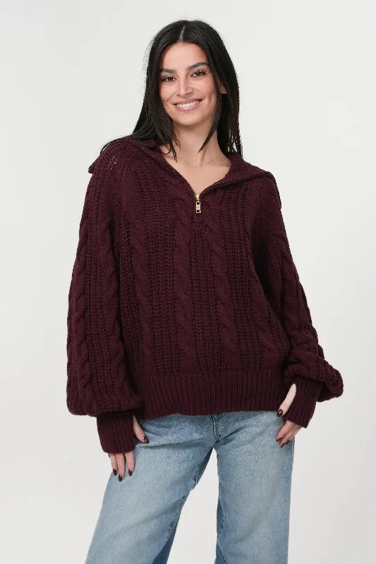 Let's Cuddle Sweater in Burgundy Zippered Buttoned Snapped