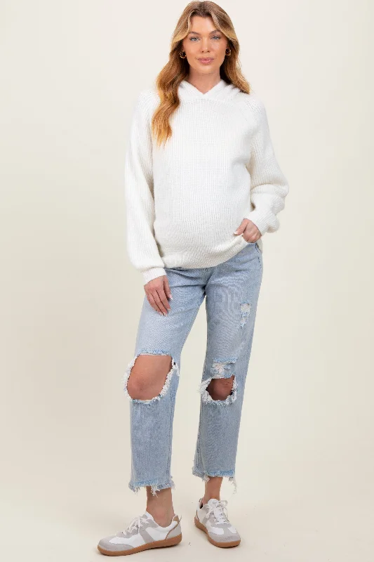 Light Blue Distressed Open Knee Straight Leg Maternity Jeans Elegant High-Waisted Flared Jeans