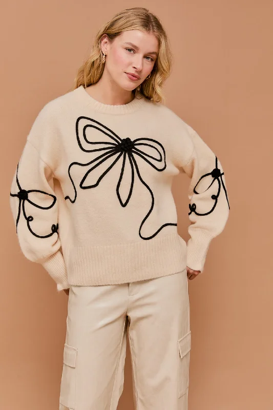 Long Sleeve Crew Neck Ribbon Sweater Top Embroidered Appliqued Beaded