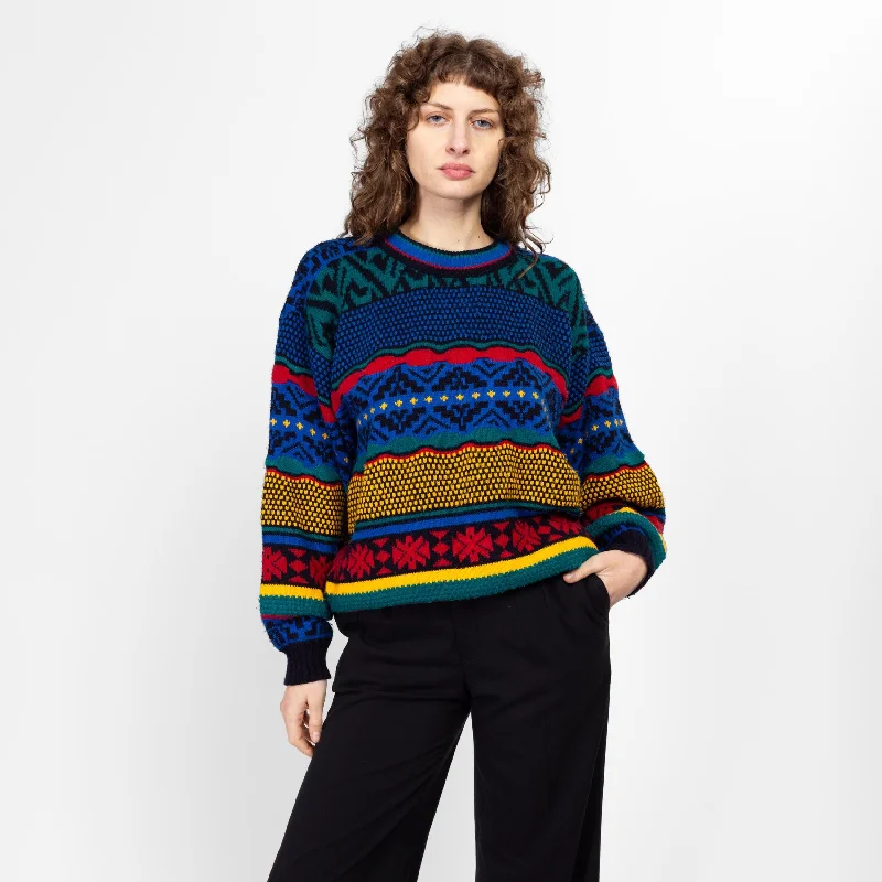 Lrg-XL 80s Primary Color Striped Knit Sweater Lightweight Heavyweight Midweight