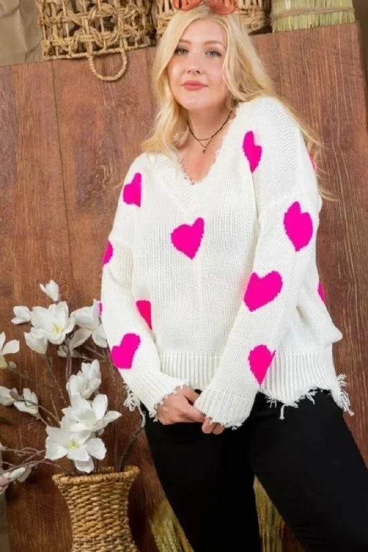 Neon Fuchsia Heart Print Distressed V Neck Long Sleeve Sweater Embroidered Appliqued Beaded
