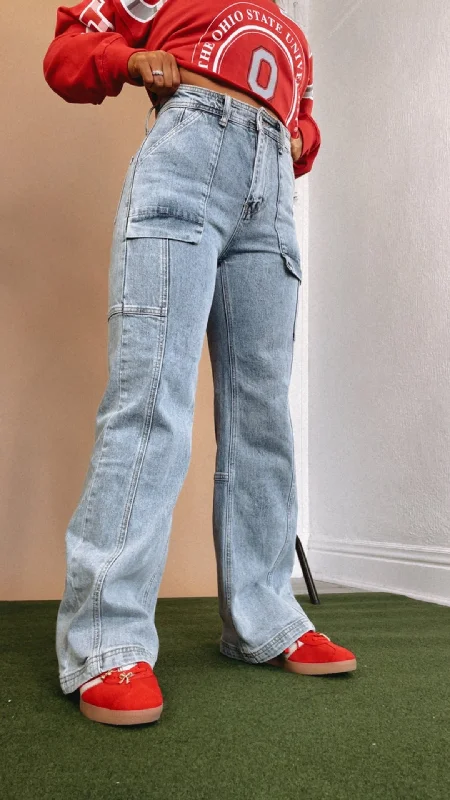 Madison Mid Rise Cargo Jeans Trendy Wide-Legged High-Waist Jeans