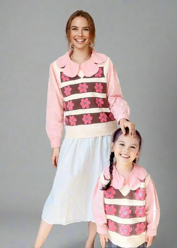 Mother-Daughter Matching Floral Knit Sweater Vest – Pink & Brown Retro Style Stretchy Elastic Breathable Mother-Daughter Matching Floral Knit Sweater Vest – Pink & Brown Retro Style Stretchy Elastic Breathable