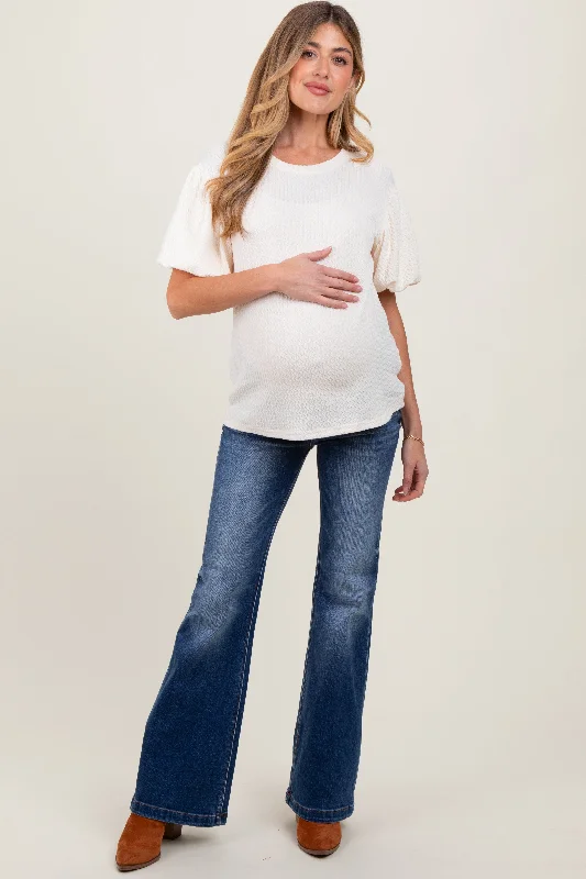 Navy Blue Washed Maternity Flare Jeans Trendy Classic Fit Jeans