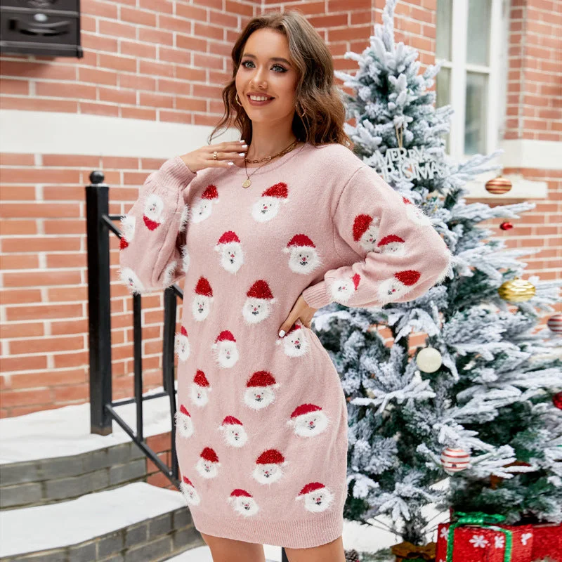 Womens Christmas style old man's head dress pullover sweater dress Houndstooth Herringbone Solid Womens Christmas style old man's head dress pullover sweater dress Houndstooth Herringbone Solid