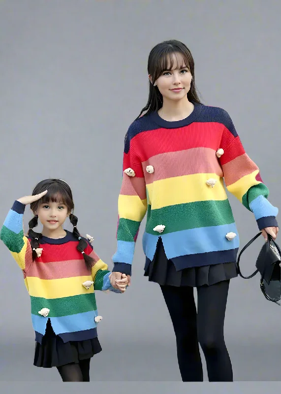 Mother-Daughter Matching Rainbow Striped Sweater with 3D Teddy Bear Details Spandex Rayon Corduroy Mother-Daughter Matching Rainbow Striped Sweater with 3D Teddy Bear Details Spandex Rayon Corduroy