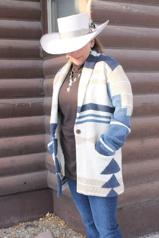 Ladies Pendleton Graphic Sweater Blazer in sandshell and Navy Multi Real Fur Shearling Chenille Ladies Pendleton Graphic Sweater Blazer in sandshell and Navy Multi Real Fur Shearling Chenille
