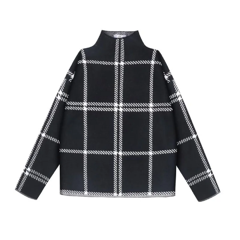 Plaid Turtleneck Loose Knit Sweater Chenille Blend Fleece Blend Nylon Blend