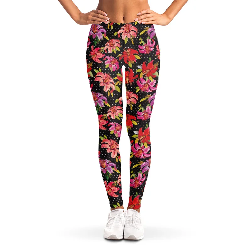 Polka Dot Lily Pattern Print Women's Leggings Comfortable Stretch Leggings