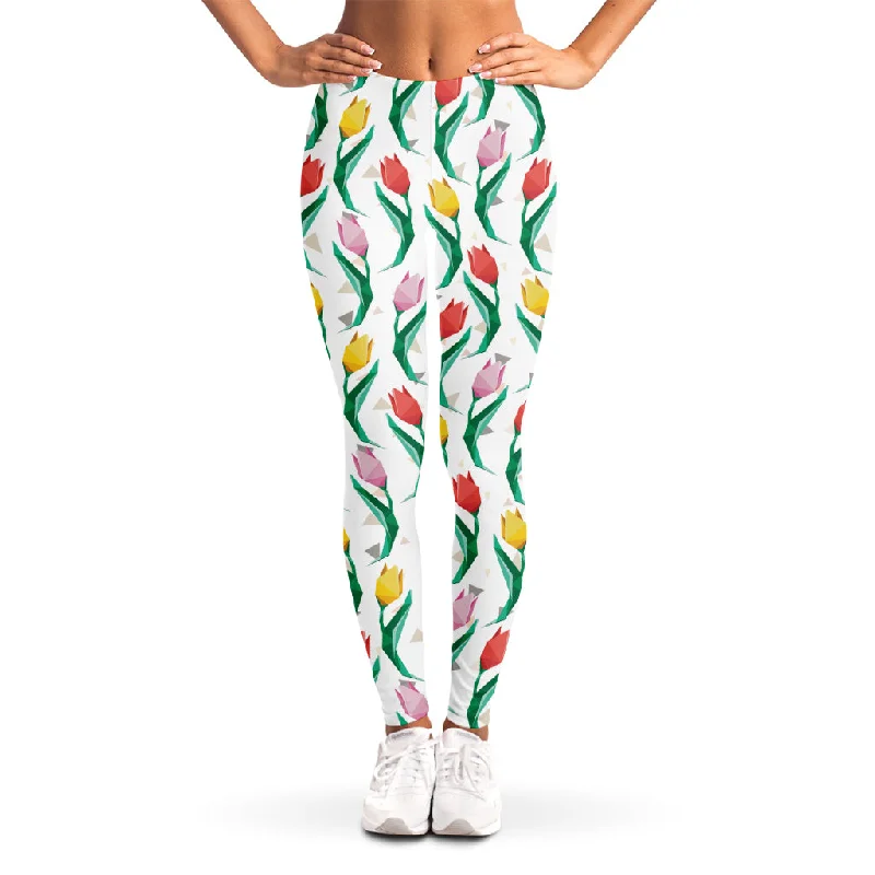 Polygon Tulip Pattern Print Women's Leggings Trendy Colorblock Print Leggings