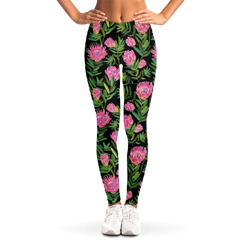 Protea Floral Pattern Print Women's Leggings Fashionable High-Rise Workout Leggings