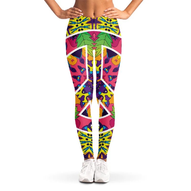 Psychedelic Hippie Peace Sign Print Women's Leggings Trendy Seamless Fit Leggings