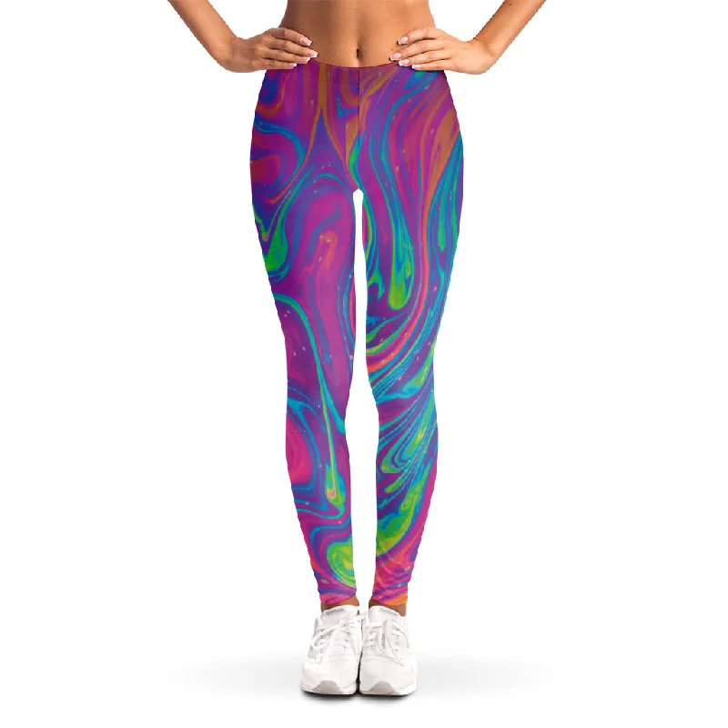 Psychedelic Liquid Print Women's Leggings Elegant Shiny Black Leggings
