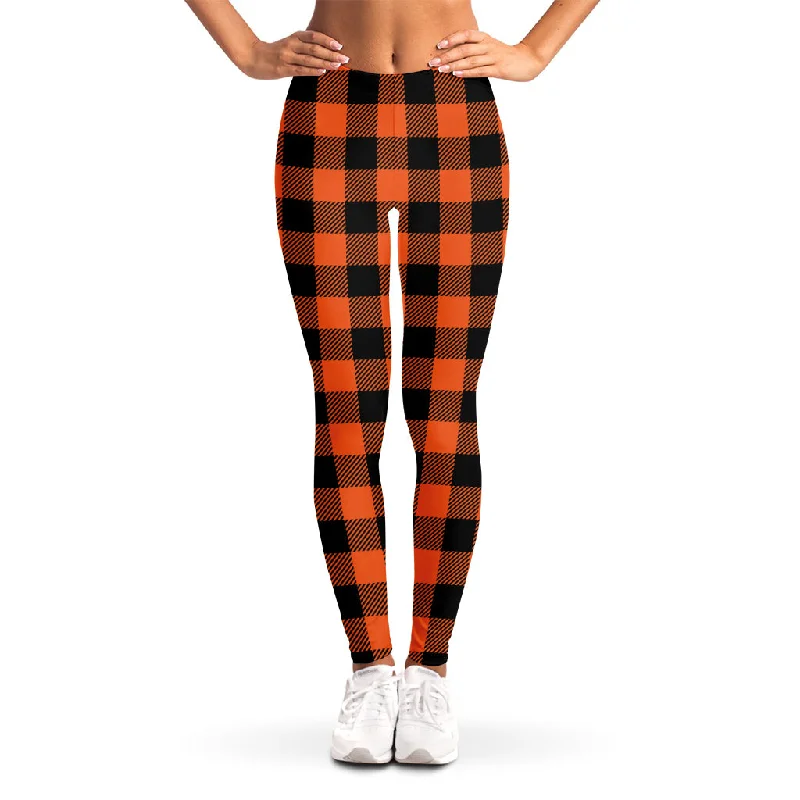 Pumpkin Orange Buffalo Check Print Women's Leggings Chic Workout Leggings