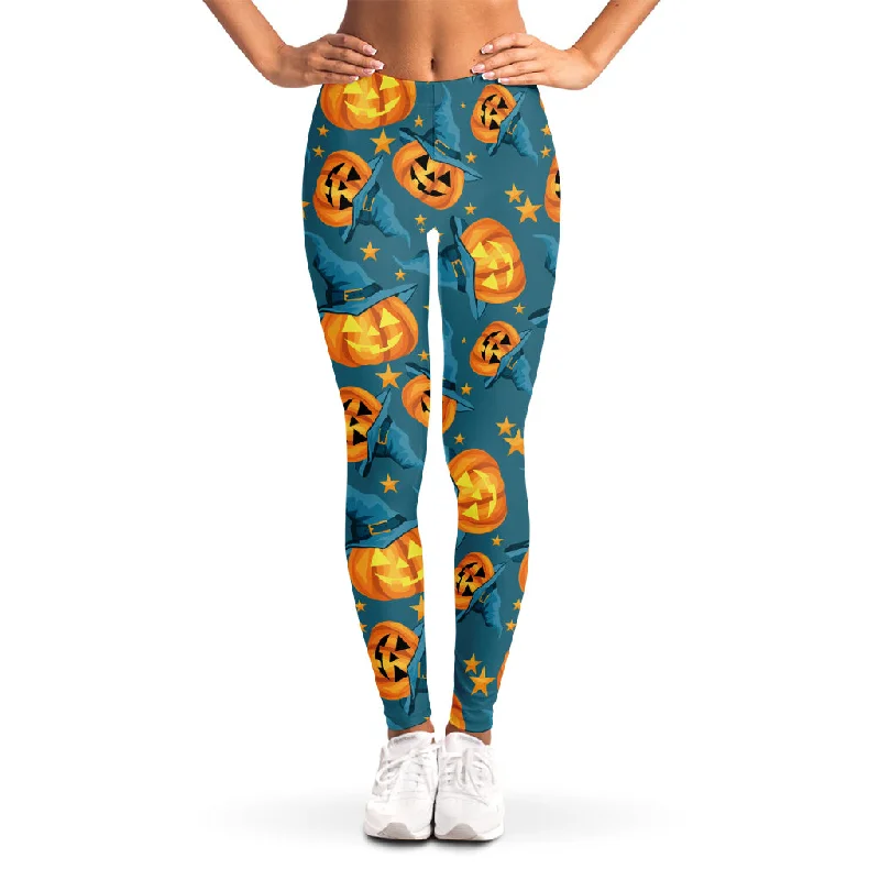 Pumpkin With Witch Hat Pattern Print Women's Leggings Fashionable Lacy Detail Leggings