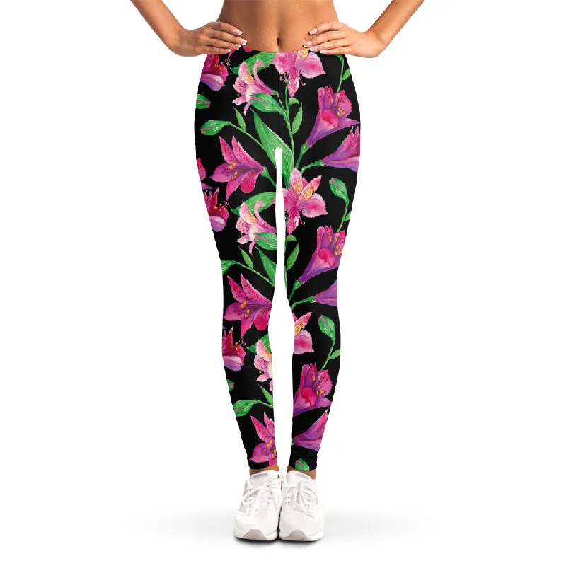 Purple Alstroemeria Pattern Print Women's Leggings Comfortable Stretch Leggings