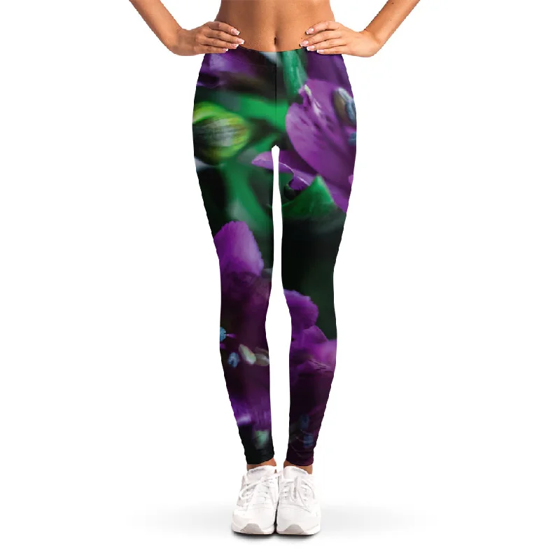 Purple Alstroemeria Print Women's Leggings Comfortable Wide-Band Leggings
