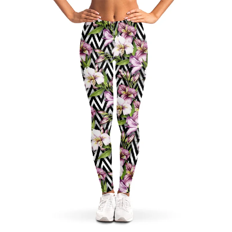 Purple Alstroemeria Zigzag Pattern Print Women's Leggings Elegant Casual Fit Leggings Purple Alstroemeria Zigzag Pattern Print Women's Leggings Elegant Casual Fit Leggings