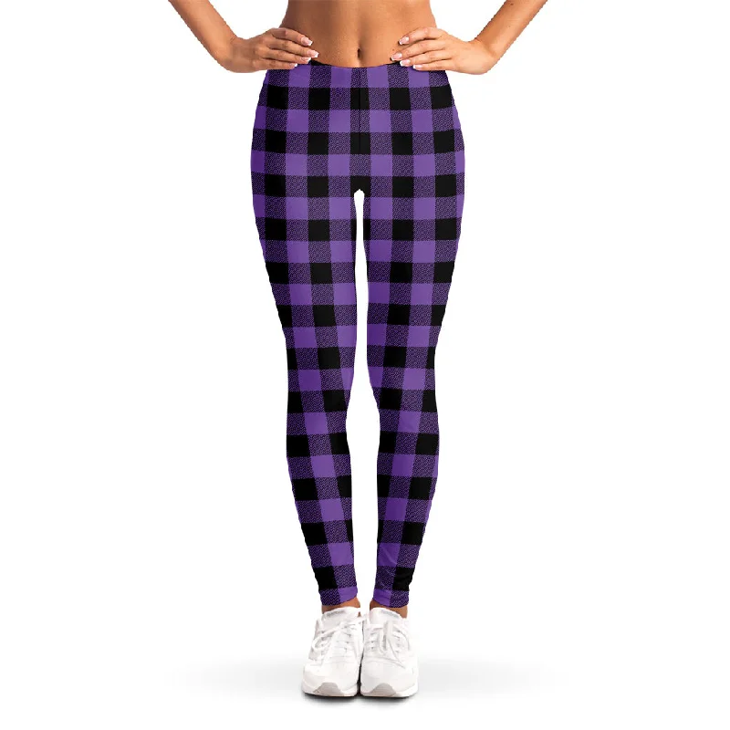Purple And Black Buffalo Check Print Women's Leggings Comfortable Athletic Tights