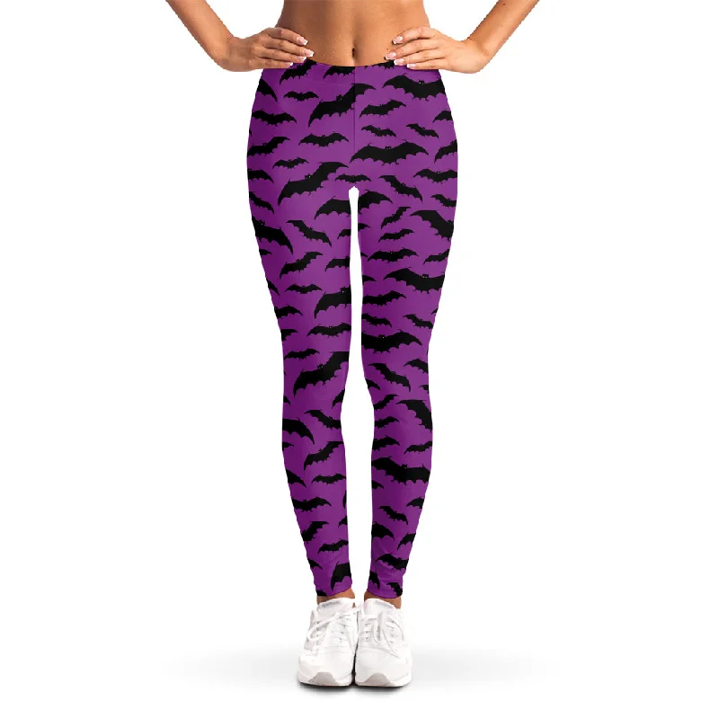 Purple And Black Halloween Bat Print Women's Leggings Cozy Textured Workout Leggings Purple And Black Halloween Bat Print Women's Leggings Cozy Textured Workout Leggings