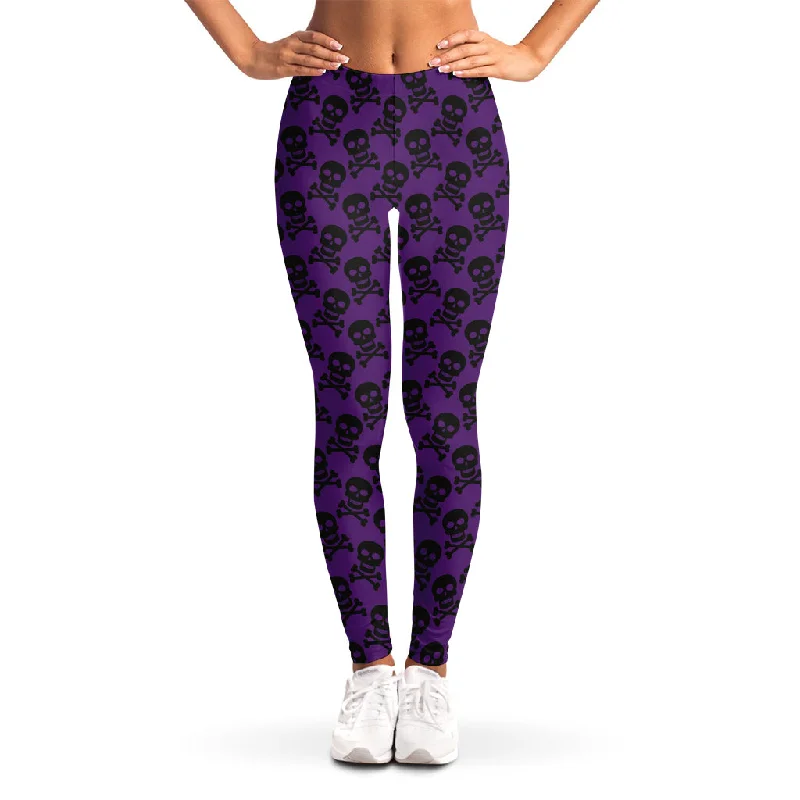 Purple And Black Halloween Skull Print Women's Leggings Fashionable Ribbed Knit Leggings Purple And Black Halloween Skull Print Women's Leggings Fashionable Ribbed Knit Leggings